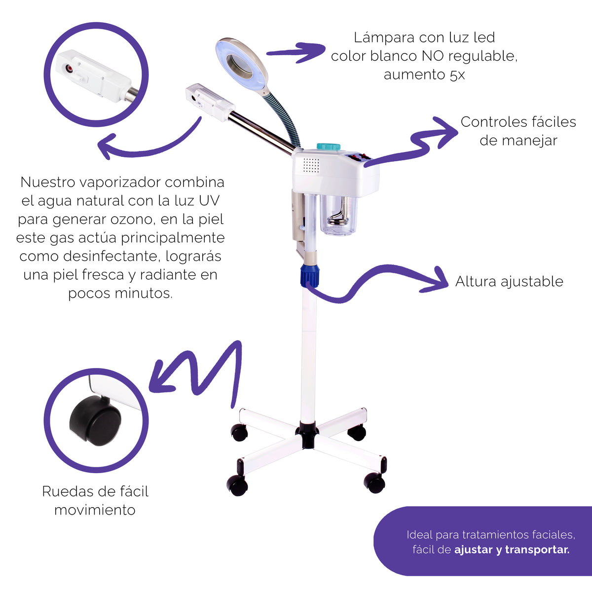 Vaporizador Facial Ozono con Lupa y Luz Led BM3058 Letmex